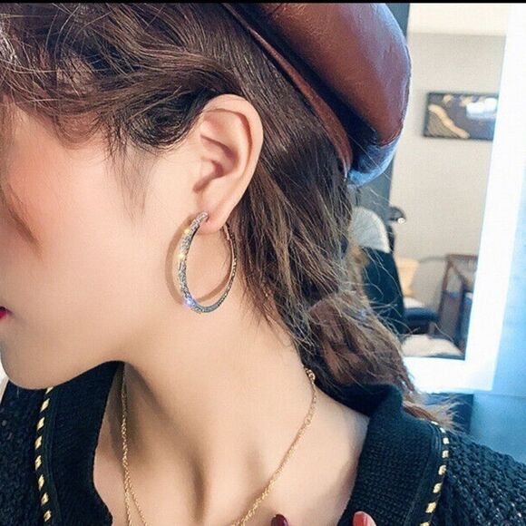 18kt White Gold PLATED CZ Diamond Hoop Earrings - Picture 7 of 9